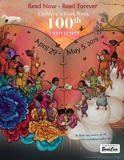 Children's Book Week 100th Anniversary poster, which features illustrations of children inside an open book.