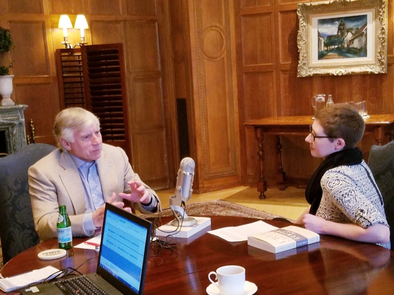 Columbia University president Lee Bollinger chats with ABA's Sydney Jarrard.