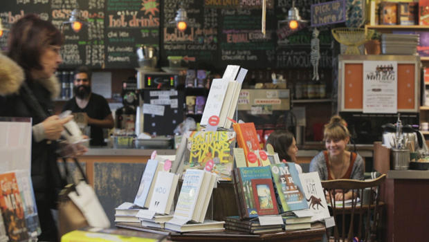 A shot of Porter Square Books' Cafe Zing featured in the April 23 CBS This Morning segment on indie bookstores