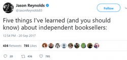 Jason Reynolds tweet "Five things I've learned about independent bookstores"