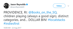 Jason Reynolds tweet about Books on the Square