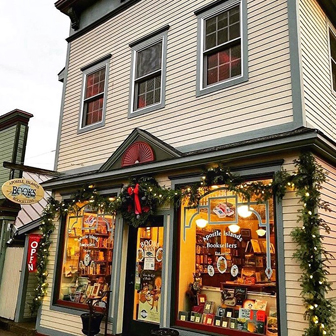 Apostle Island Books storefront decorated for the holidays