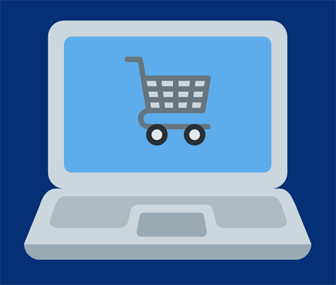 Cartoon of a shopping cart on a laptop screen