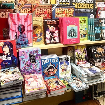 A display of books at Escape Pod Comics