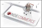 Shopping cart on top of keyboard key labeled "IndieCommerce."