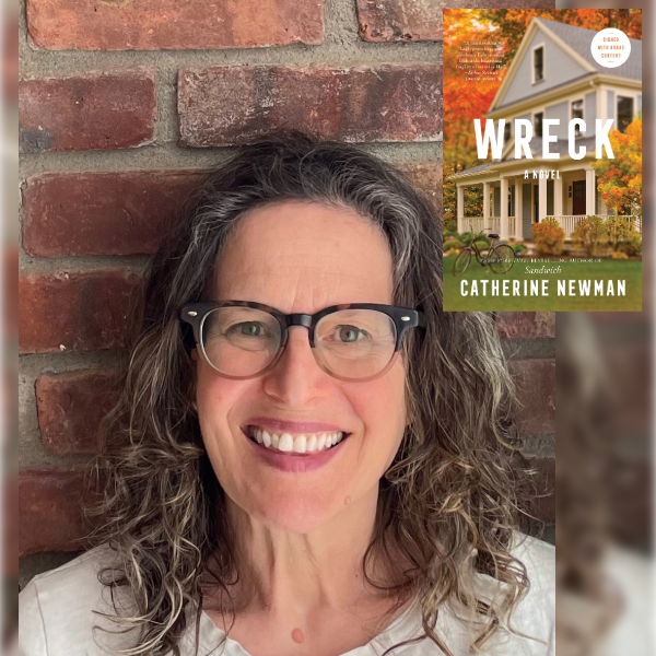 This is a picture of author Catherine Newman, next to the cover image for Catherine's book Wreck