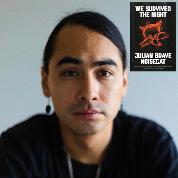 Image of the author Julian Brave NoiseCat. And the cover image of the book We Survived the Night.