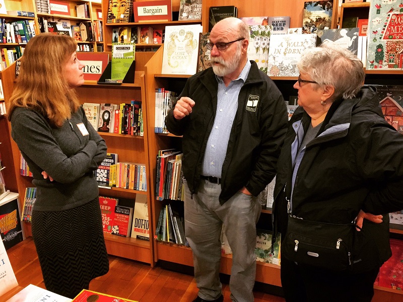 Village Books founders Chuck and Dee Robinson, center and right, stop by Eagle Harbor Book Co. on Bainbridge Island.