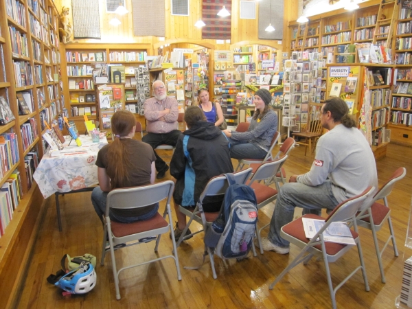 High school students discuss banned books at Maria's Bookshop.