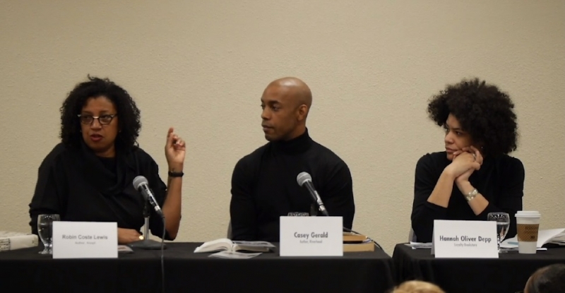 Robin Coste Lewis speaks as Casey Gerald and Hannah Oliver Depp look on during the Wi14 session "Author in Focus: Why James Baldwin Always Matters."