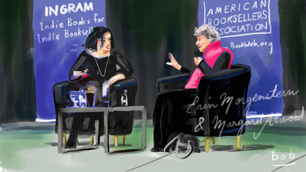 Illustration of Erin Morgenstern and Margaret Atwood at Winter Institute 2019