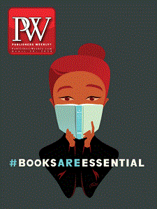Cover of Publishers Weekly's April 20 issue featuring cartoon woman holding a book over her face in the style of an N95 mask with the hashtag #BooksAreEssential
