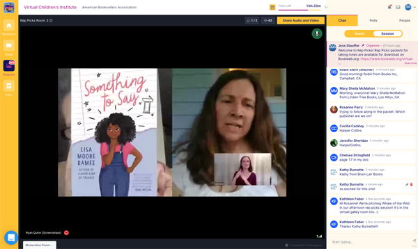 A publisher sales rep presenting the title "Something to Say" during Children's Institute