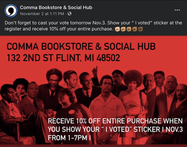 Don't forget to cast your vote and get 10% off your purchase at Comma Bookstore & Social Hub