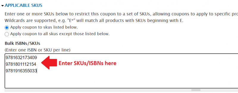 Screen shot of applicable SKUs with 3 ISBN's entered in the field