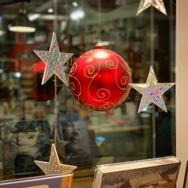 A holiday decoration at Harvard Book Store.