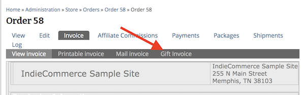 IndieCommerce Example Site invoice tab showing gift invoice option