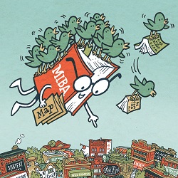 Promotional art for this year's Midwest Indie Bookstore Map. The image features an animated book being carried by a flock of birds over a town of bookstores. The entire image is hand-drawn.