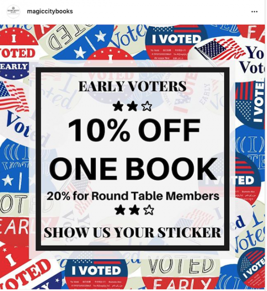 Mask City Books offering 10% off one book for early voters