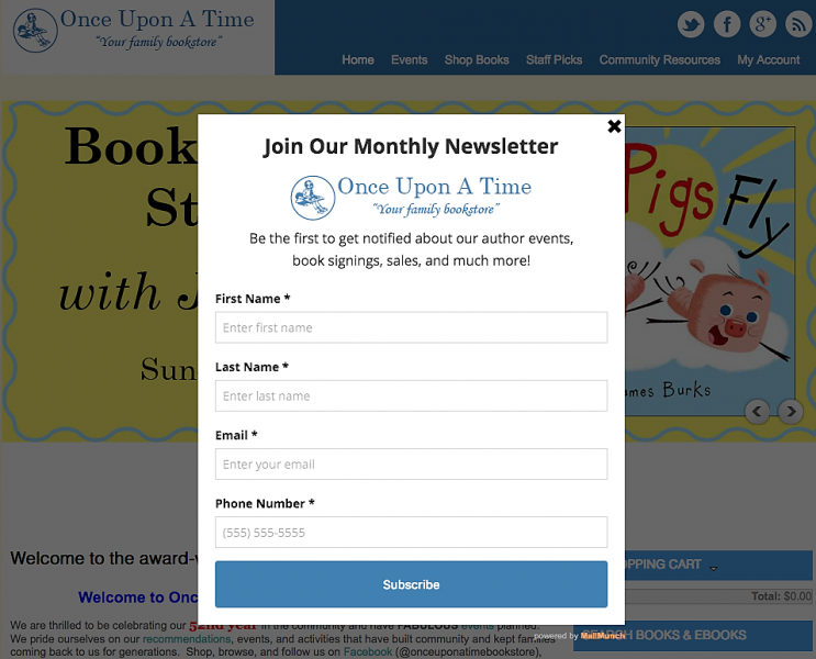 Once Upon A Time invites customers to subscribe to its e-mail newsletter.