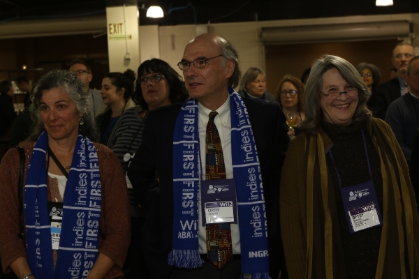 Maria's Andrea Avantaggio and ABA CEO Oren Teicher (sporting Indies First scarves) with ABA President Betsy Burton.