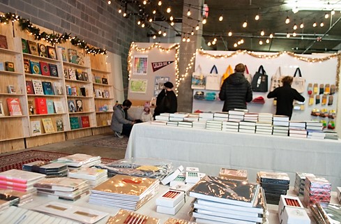 Solid State Books' holiday pop-up shop is festively decorated. 