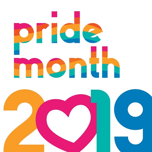 "Pride Month 2019" in rainbow lettering