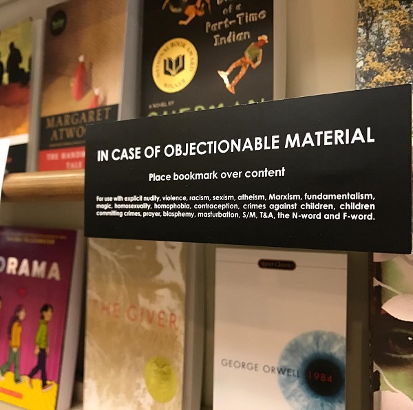 Prairie Lights’ “In case of objectionable material” sign on its Banned Books Week display.