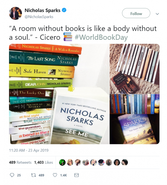 A screenshot of a tweet by author Nicholas Sparks. The full text is copied below this image.