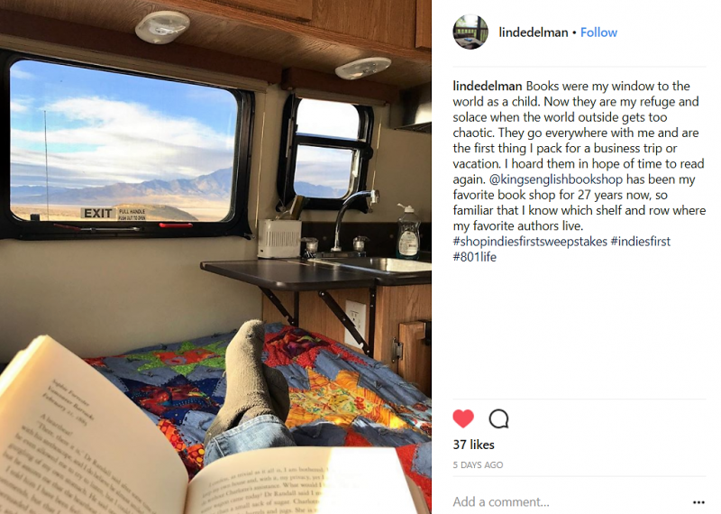 Linda Edelman posted on Instagram about her love of books and her favorite indie bookstore to enter the sweepstakes.