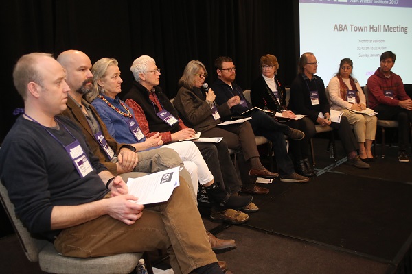 The ABA Board of Directors listens to comments from booksellers at the Town Hall meeting.
