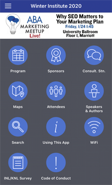 Winter Institute app featuring icons for program, sponsors, consultation station, maps, attendees, speakers and authors, etc.