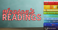 "Seasons Readings" in text next to a rainbow-spined stack of books