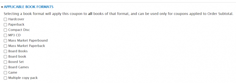 Screenshot of applicable book formats