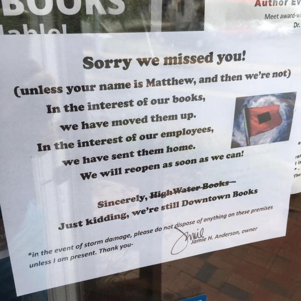 Printed sign at Downtown Books