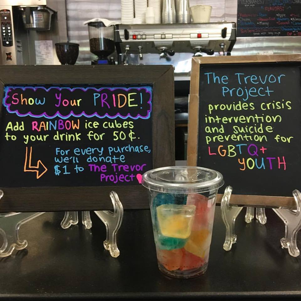 Little Joe's in Katonah, New York, offered rainbow ice cubes at their café to raise money for The Trevor Project,