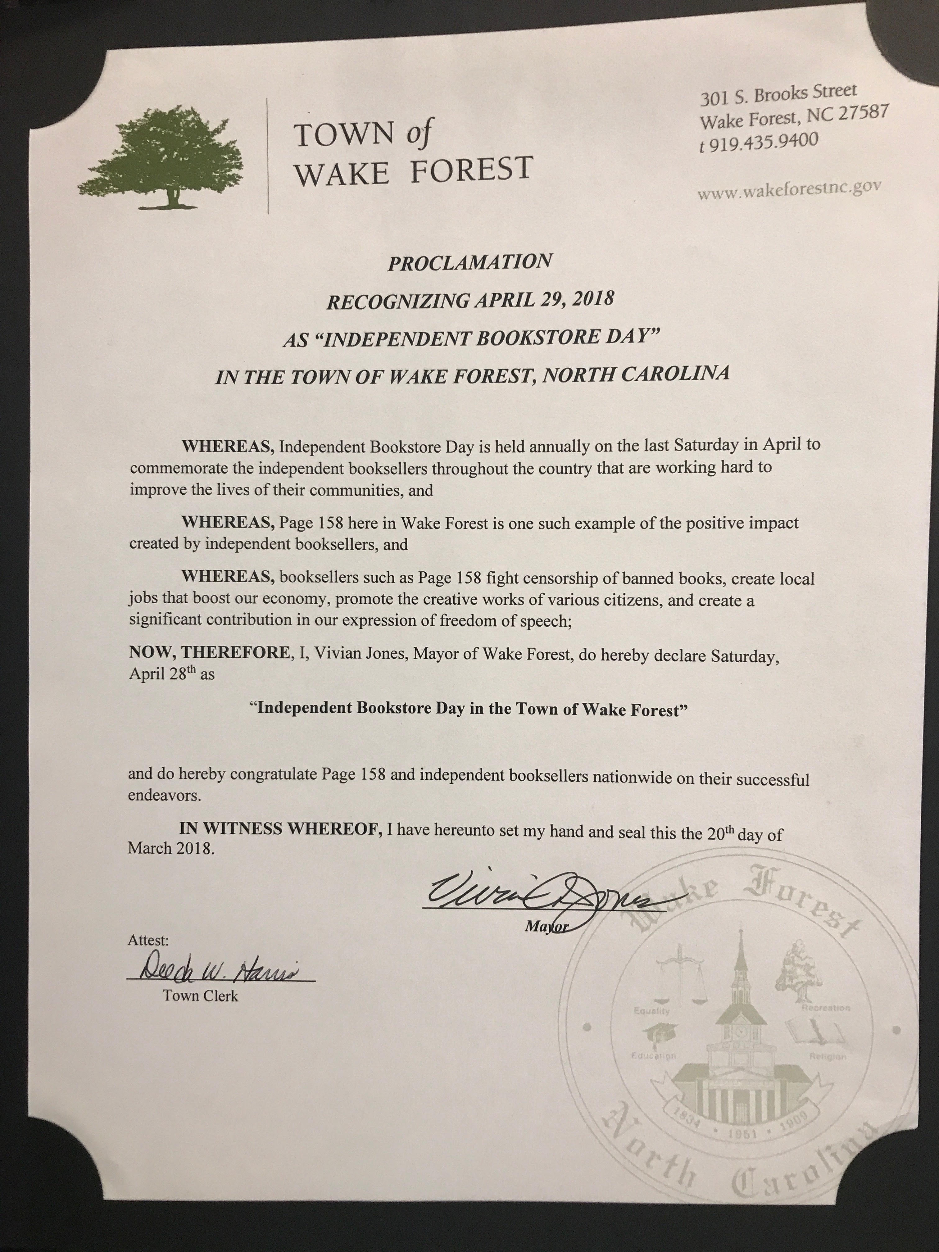 Wake Forest, North Carolina mayor Vivian Jones' proclamation for Independent Bookstore Day