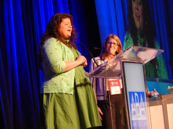 Rainbow Rowell, Indies Choice Young Adult Award winner, with emcee Sarah Bagby.