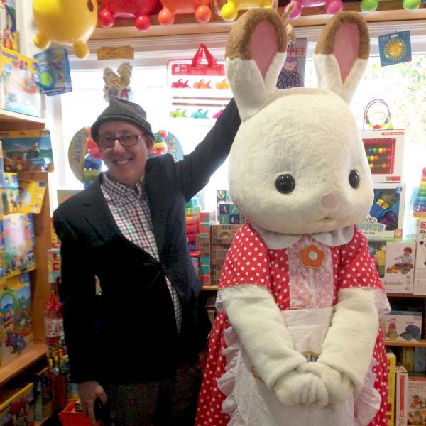 A costumed Calico Critter made an appearance at Teaching Toys & Books in Tacoma, Washington.