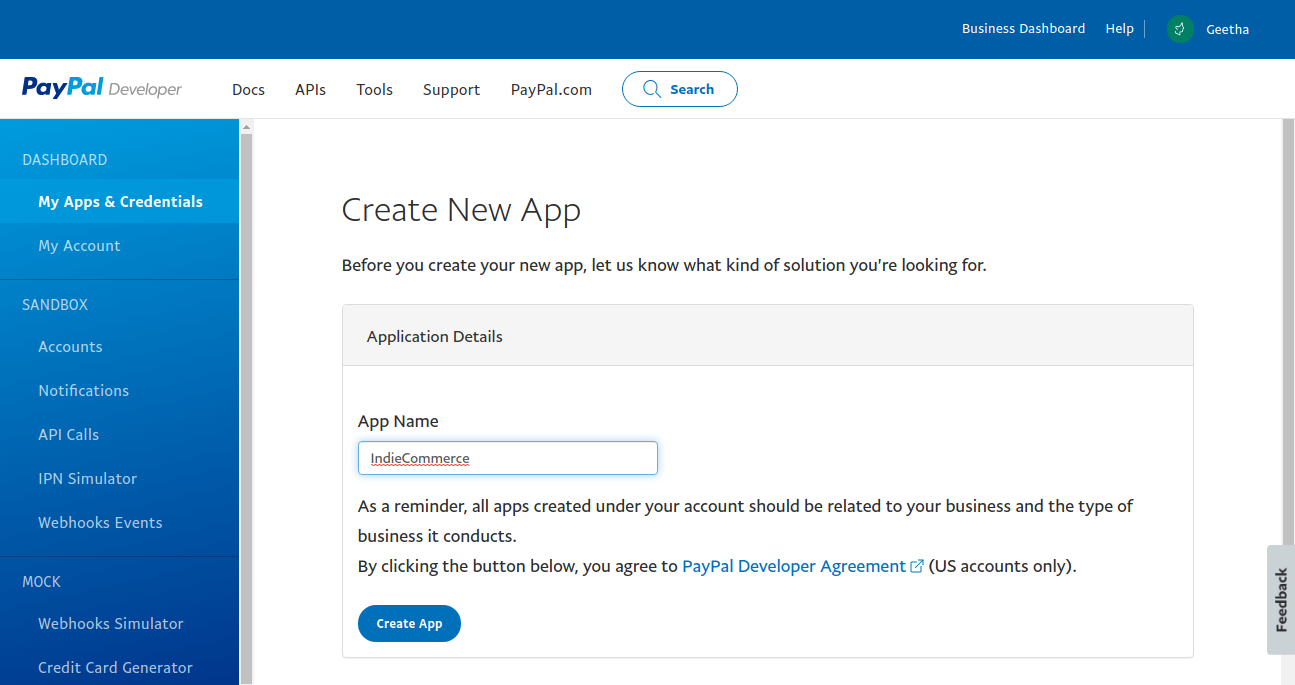 PayPal Create New App Screen
