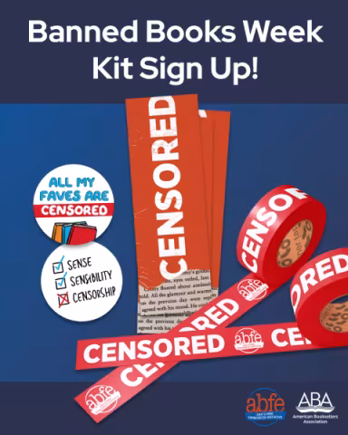 Image for the Banned Books Week Kit featuring stickers, a bookmark, and censor tape.